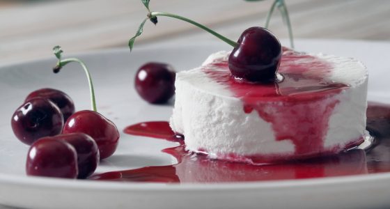 Food,Background.ice,Cream,With,Cherries,On,A,White,Plate,,Poured