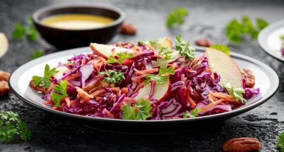 Red,Cabbage,Salad,With,Carrots,,Apples,And,Pecan,Nuts.,Healthy