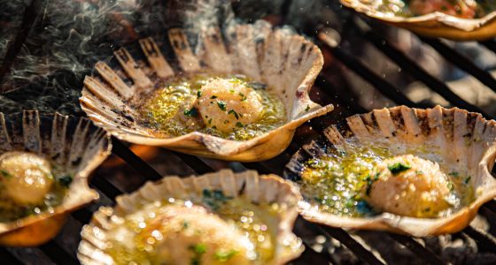 Detail,Of,Tasty,Scallops,On,The,Grill,With,Smoke,,Cooking