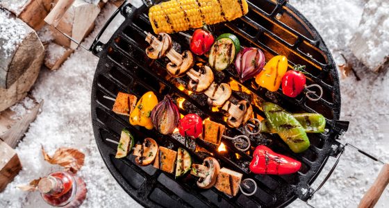 Overhead,View,Of,Colorful,Vegetable,Kebabs,And,A,Corncob,Grilling
