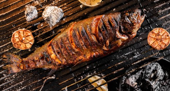 Grilled,Trout,Fish,Over,The,Coals,On,A,Barbecue,,Dark