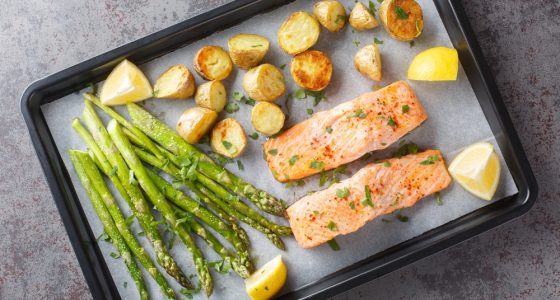 Delicious,Healthy,Salmon,Fillet,Baked,With,Asparagus,And,New,Potatoes