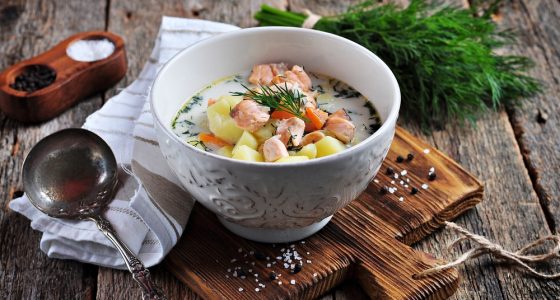 Creamy,Soup,With,Wild,Salmon,,Potatoes,,Carrots,And,Dill.,Healthy