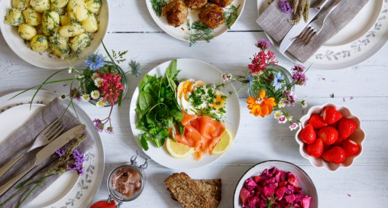 Scandinavian,Midsummer,Feast,With,Potato,Salad,,Meatballs,,Salmon,And,Beetroot