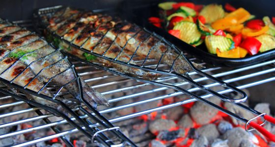 Home,Grilled,Fresh,Trout,Fish,On,The,Barbecue,Next,To